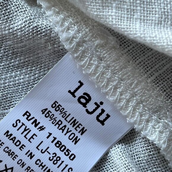 White Cream Linen Shirt with Tie-Cuff Sleeves, Small Laju Button-up Shirt - Picture 8 of 8